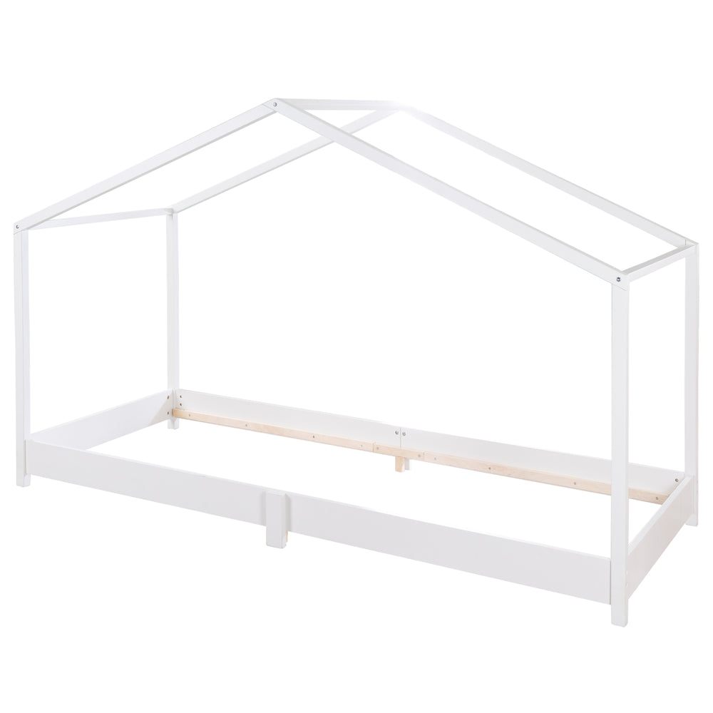 Cama casa 90 x 200 cm - Cama de suelo para niños según el principio Montessori - Madera blanca