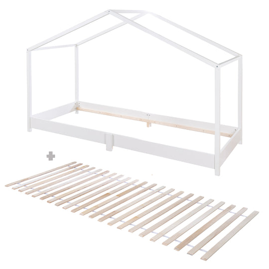 Lit de maison 90 x 200 cm - Lit au sol pour enfants selon le principe Montessori - Bois blanc