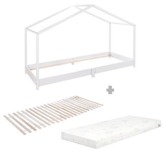 Lit de maison 90 x 200 cm - Lit au sol pour enfants selon le principe Montessori - Bois blanc