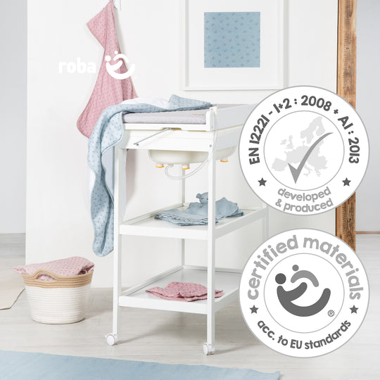 Bath-Changing Combo 'Baby Pool' White including Swiveling Changing Pad 'roba Style Grey' with 2 Wheels
