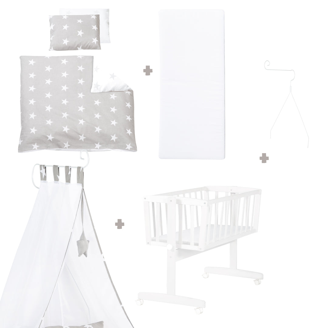 Set de berceau complet 'Little Stars' avec équipement textile en blanc / gris