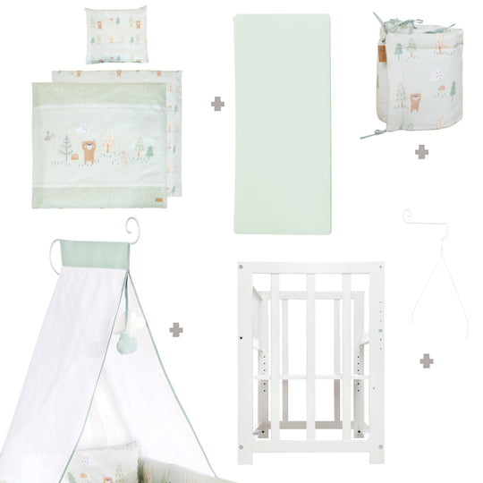 Cuna 4 en 1 'Woodland Buddies' con equipamiento textil incluido - Blanco / Verde pastel
