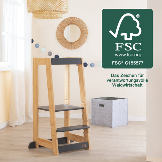 Torre di apprendimento per bambini in legno - Portata fino a 80 kg - Antracite / Bambù
