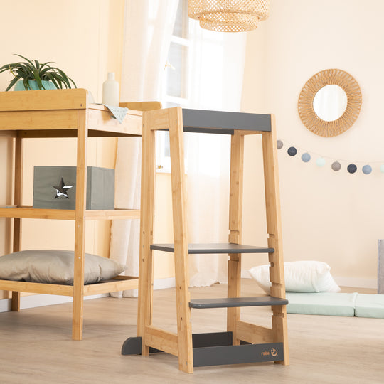 Torre di apprendimento per bambini in legno - Portata fino a 80 kg - Antracite / Bambù