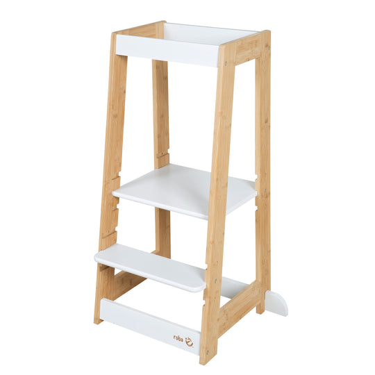 Torre di apprendimento per bambini in Legno - Portata fino a 80 kg - Bianco / Bambù