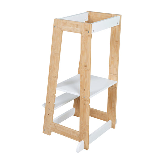 Torre di apprendimento per bambini in Legno - Portata fino a 80 kg - Bianco / Bambù