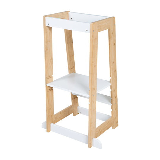 Torre di apprendimento per bambini in Legno - Portata fino a 80 kg - Bianco / Bambù