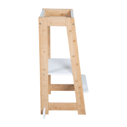 Torre di apprendimento per bambini in Legno - Portata fino a 80 kg - Bianco / Bambù