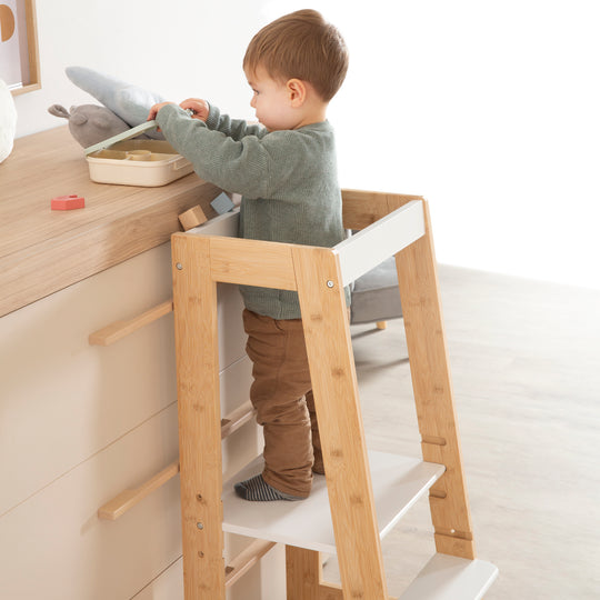 Torre di apprendimento per bambini in Legno - Portata fino a 80 kg - Bianco / Bambù