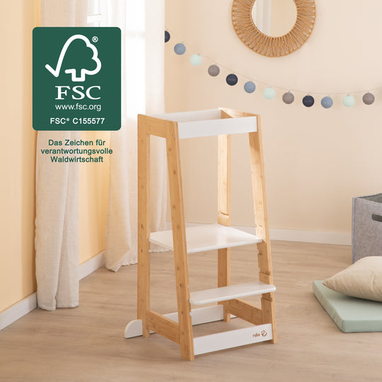 Torre di apprendimento per bambini in Legno - Portata fino a 80 kg - Bianco / Bambù