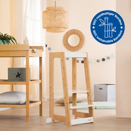 Torre di apprendimento per bambini in Legno - Portata fino a 80 kg - Bianco / Bambù