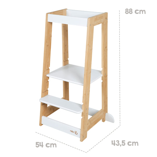 Torre di apprendimento per bambini in Legno - Portata fino a 80 kg - Bianco / Bambù