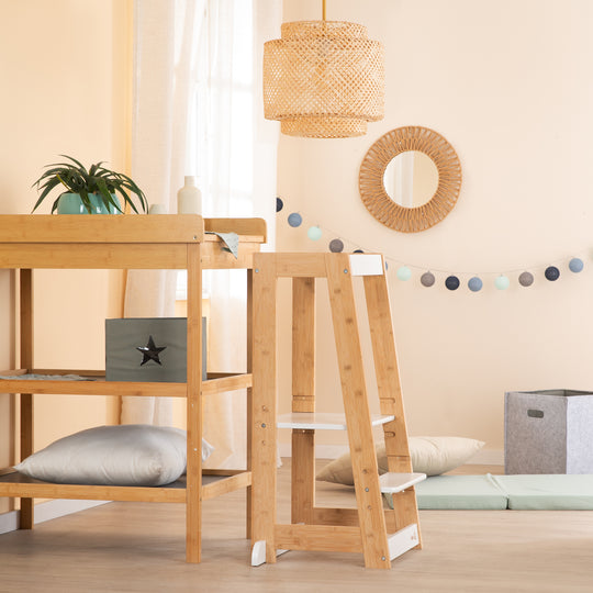 Torre di apprendimento per bambini in Legno - Portata fino a 80 kg - Bianco / Bambù