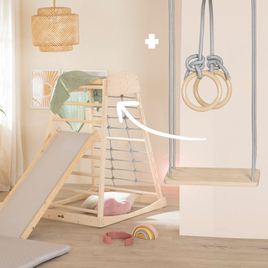 Set torre giochi da interno con accessori completi - Legno naturale / Grigio