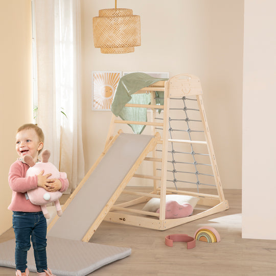 Set torre giochi da interno con accessori completi - Legno naturale / Grigio