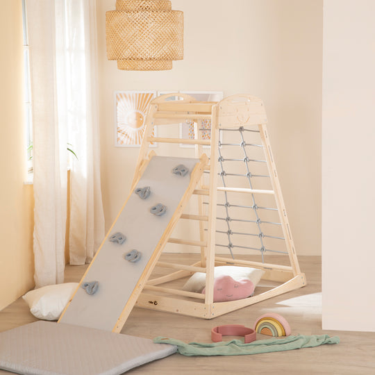 Set torre giochi da interno con accessori completi - Legno naturale / Grigio