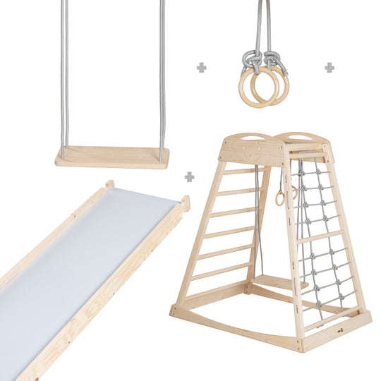 Set torre giochi da interno con accessori completi - Legno naturale / Grigio