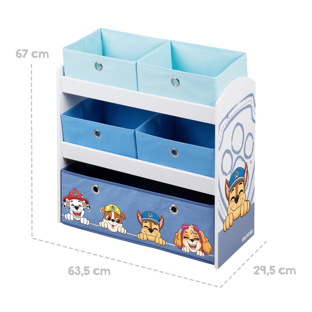 Toy Shelf 'Paw Patrol' with 5 Fabric Bins - Wooden Storage Shelf