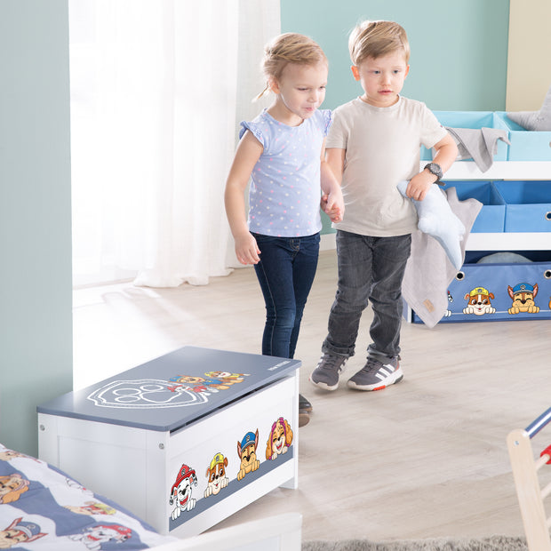 Wooden 'Paw Patrol' Toy Chest - Folding Seat - White / Blue