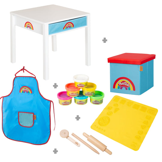 roba x Play-Doh Mesa de Manualidades con Taburete, 6 Botes de Plastilina y Accesorios de Juego - A Partir de 3 Años