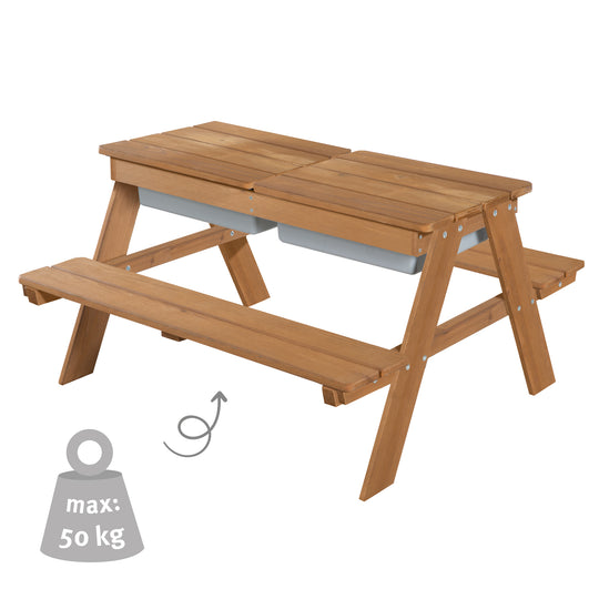 Table de pique-nique pour enfants avec bac de jeu - Bois massif - Résistant aux intempéries - Marron