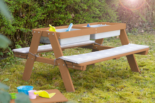 Table de pique-nique pour enfants avec bac de jeu - Bois massif - Résistant aux intempéries - Marron