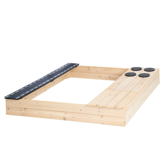 Bac à sable en bois - Design avec route, plaque de cuisson et bac de jeu - Naturel / Noir