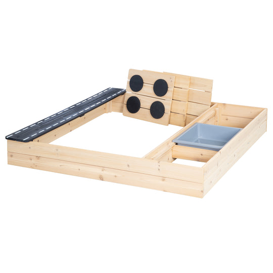 Bac à sable en bois - Design avec route, plaque de cuisson et bac de jeu - Naturel / Noir