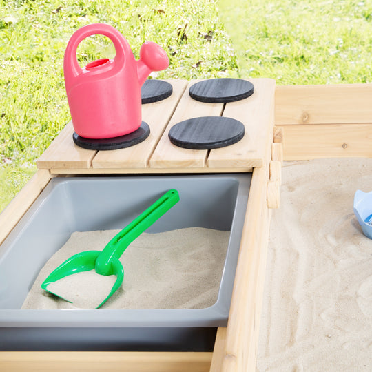 Bac à sable en bois - Design avec route, plaque de cuisson et bac de jeu - Naturel / Noir