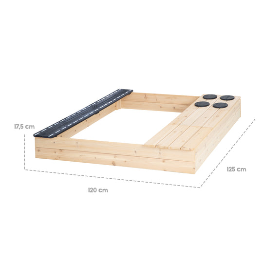 Bac à sable en bois - Design avec route, plaque de cuisson et bac de jeu - Naturel / Noir