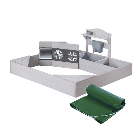 Sandkasten aus Holz inkl. Matschküche & Abdeckplane - Wetterfestes Holz - Grau lasiert