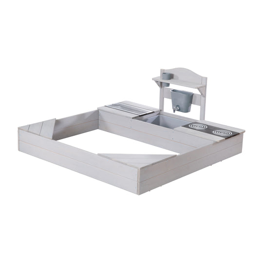 Sandkasten aus Holz inkl. Matschküche & Abdeckplane - Wetterfestes Holz - Grau lasiert