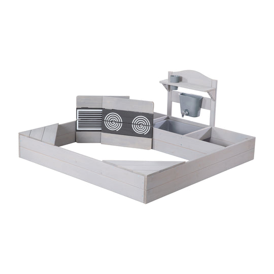 Sandkasten aus Holz inkl. Matschküche & Abdeckplane - Wetterfestes Holz - Grau lasiert