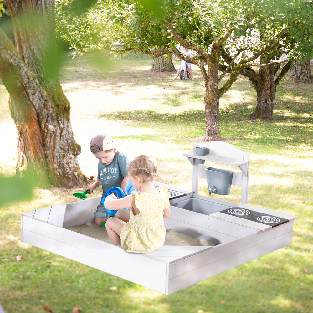 Bac à sable en bois avec cuisine de jeu et bâche de protection - Bois résistant aux intempéries - Lasuré gris
