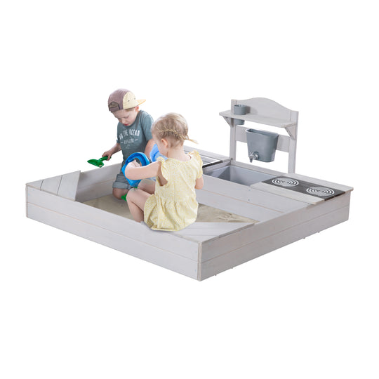 Sandkasten aus Holz inkl. Matschküche & Abdeckplane - Wetterfestes Holz - Grau lasiert