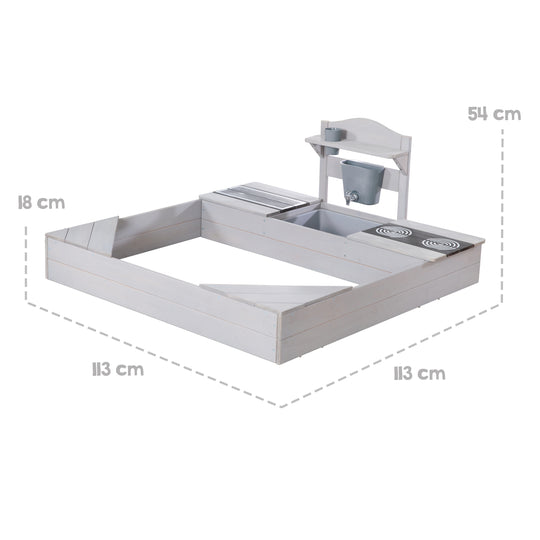 Sandkasten aus Holz inkl. Matschküche & Abdeckplane - Wetterfestes Holz - Grau lasiert