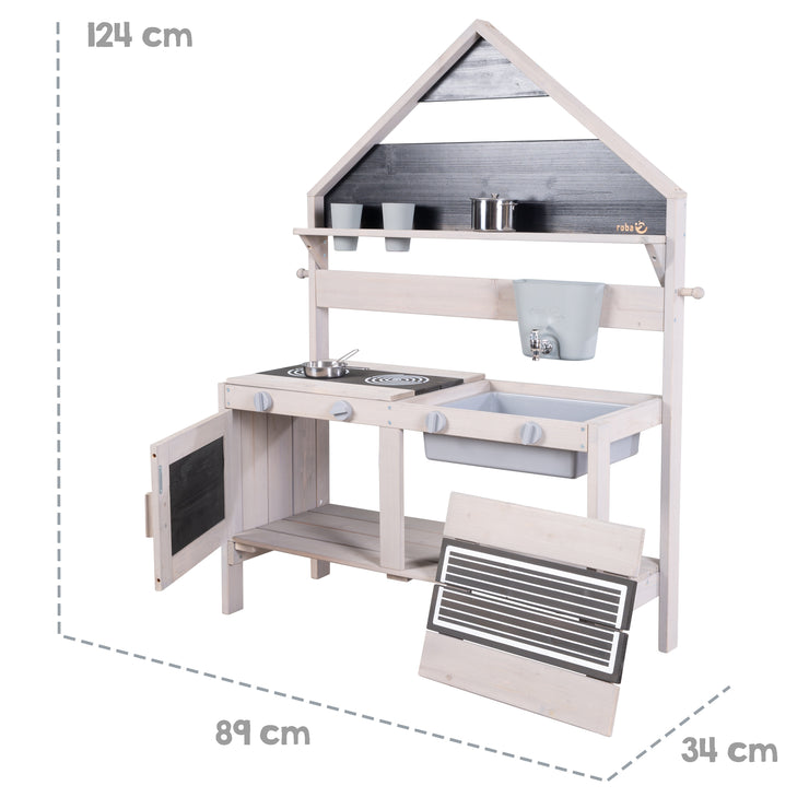 Cocina de juego para exteriores con diseño de casa - Madera certificada por FSC - Gris esmaltado