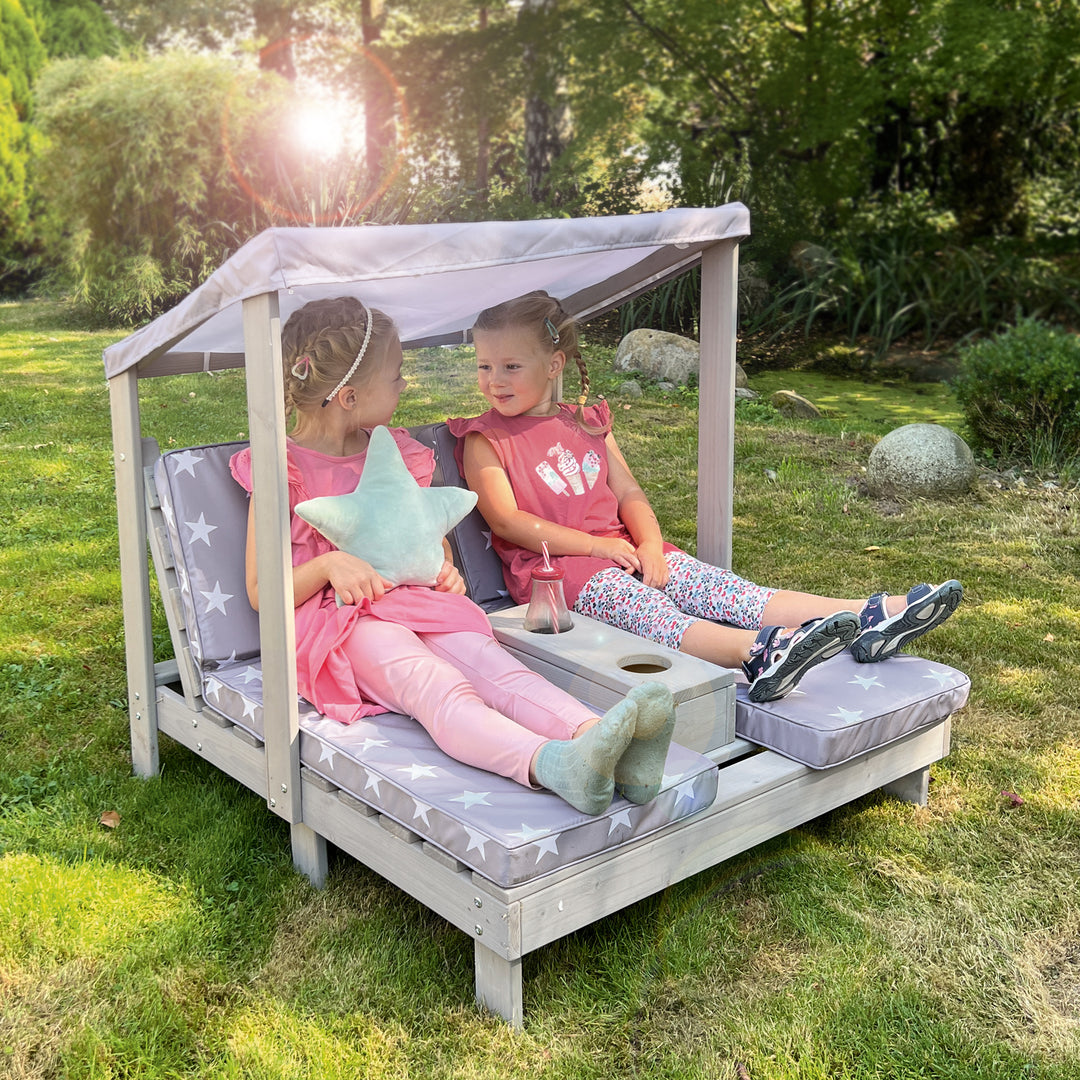 Chaise longue d'extérieur pour enfants + Coussin 'Little Stars' - Bois certifié FSC - Gris