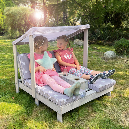 Chaise longue d'extérieur pour enfants + Coussin 'Little Stars' - Bois certifié FSC - Gris
