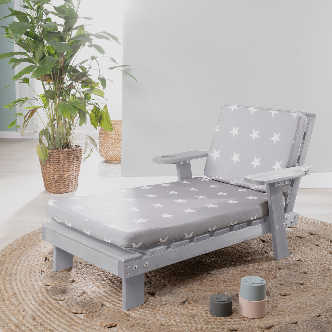 Chaise longue d'extérieur en bois certifié FSC avec coussin - Gris lasuré
