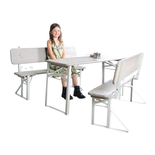 Ensemble de fête d'extérieur avec dossier - 2 bancs + 1 table - Bois lasuré gris