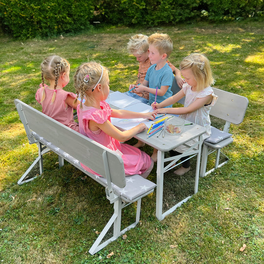 Ensemble de fête d'extérieur avec dossier - 2 bancs + 1 table - Bois lasuré gris