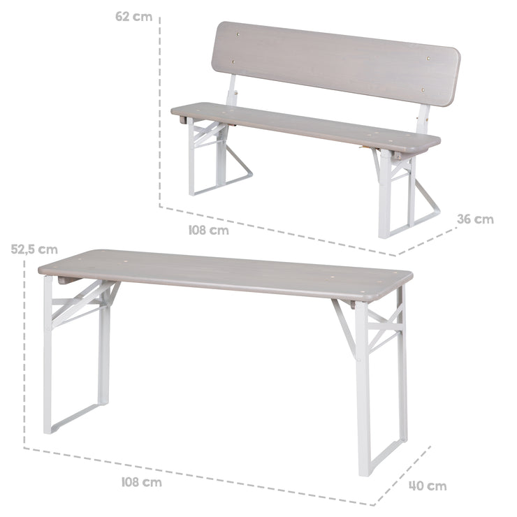 Outdoor Party Set with Backrest - 2 Benches + 1 Table - Gray Stained Wood