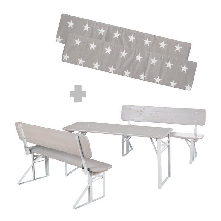 Conjunto de fiesta para exteriores con respaldo - 2 bancos + 1 mesa - Madera teñida de gris