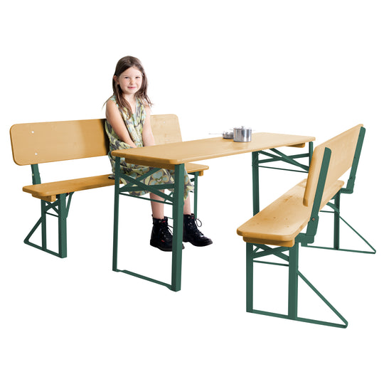 Ensemble de fête d'extérieur avec dossier - 2 bancs + 1 table - Bois teck lasuré