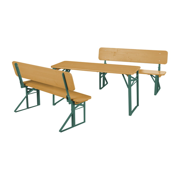 Outdoor Party Set with Backrest - 2 Benches + 1 Table - Teak Stained Wood