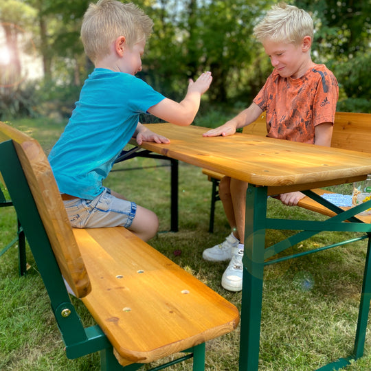 Ensemble de fête d'extérieur avec dossier - 2 bancs + 1 table - Bois teck lasuré