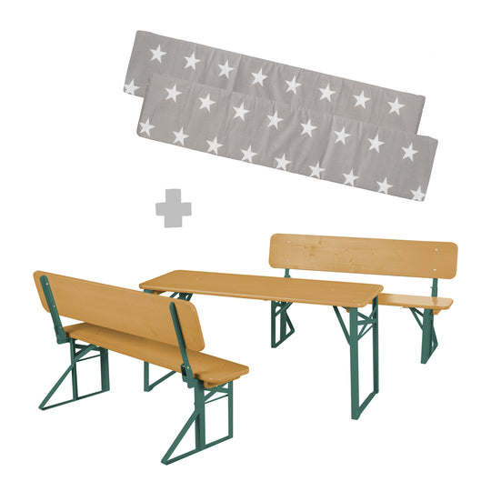 Ensemble de fête d'extérieur avec dossier - 2 bancs + 1 table - Bois teck lasuré