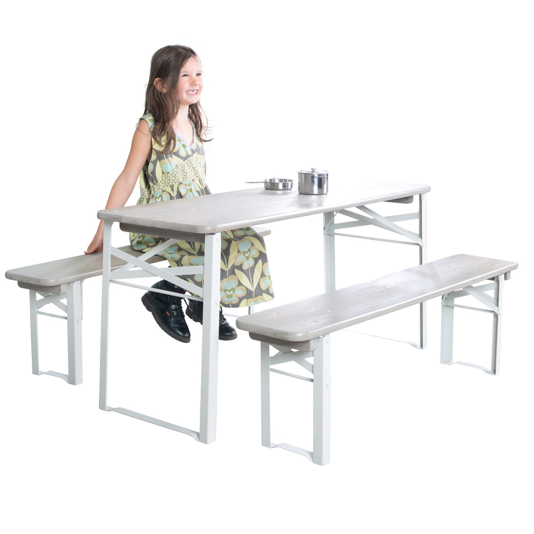 Ensemble de sièges pour fêtes en bois - 2 bancs + 1 table pour enfants - Bois lasuré gris