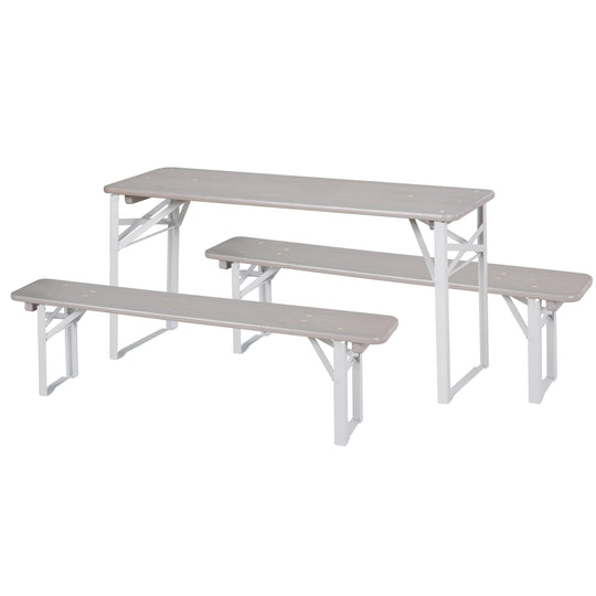 Ensemble de sièges pour fêtes en bois - 2 bancs + 1 table pour enfants - Bois lasuré gris